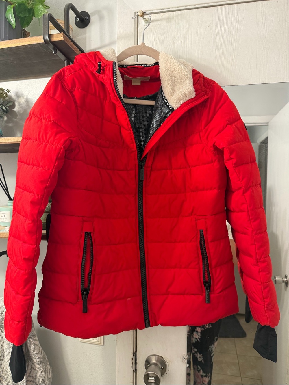 Michael Kors Bright Red Quilted Puffer Jacket with Sherpa Collar